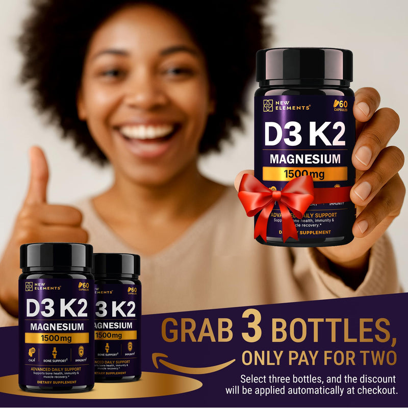 Vitamin D3 K2 Magnesium Glycinate | D3 10,000 IU | K2 200mcg | Magnesium Glycinate 1500mg | Bone Health, Immune Support, Energy & Mood - Non-GMO, Gluten-Free, 60 Vegan Capsules for Women & Men