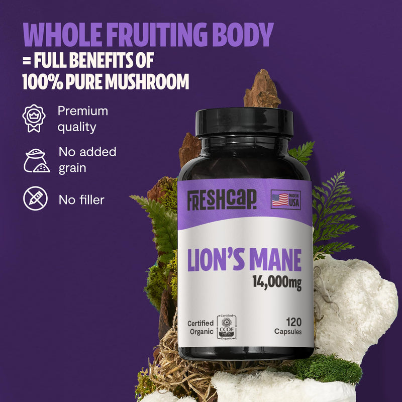 [Australia] - FreshCap Mushrooms Lions Mane Supplement Capsules 14,000mg - Lion's Mane, High Potency Extract, 14:1 Organic Mushroom Supplement, Ayurveda Focus Made in USA (120 Capsules) 120 Count 