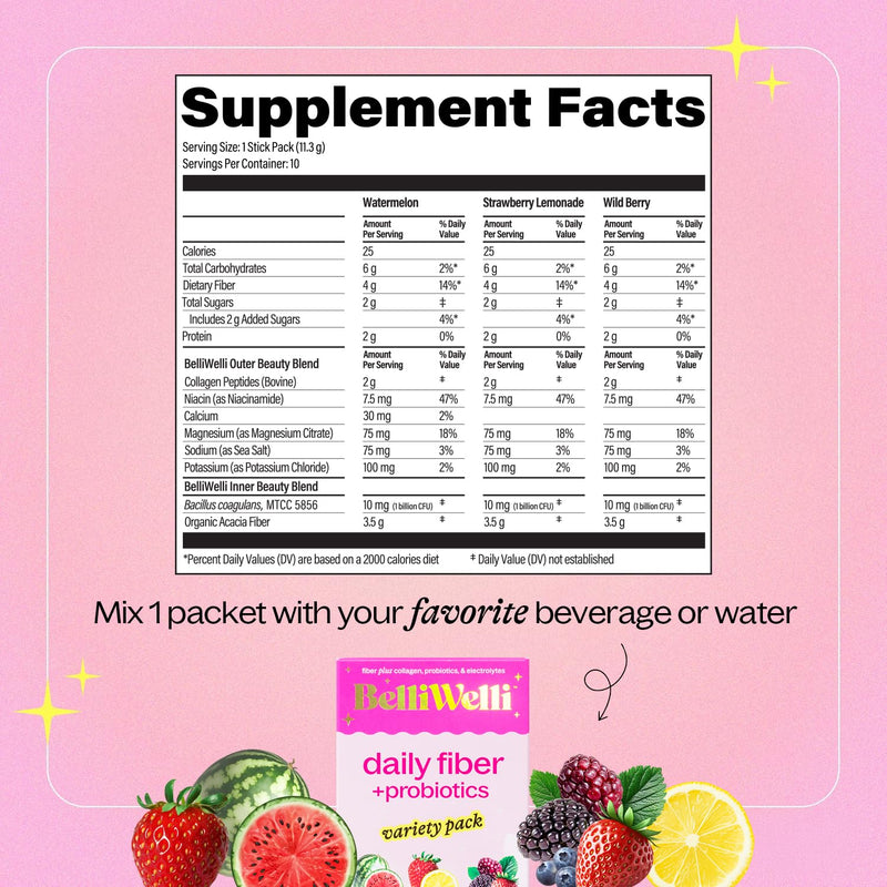 [Australia] - Daily Fiber Supplement Packets with Collagen, Probiotics & Electrolytes | Single Serve Packets for Gut Health, Digestion & Debloating | Variety | 10 Count 