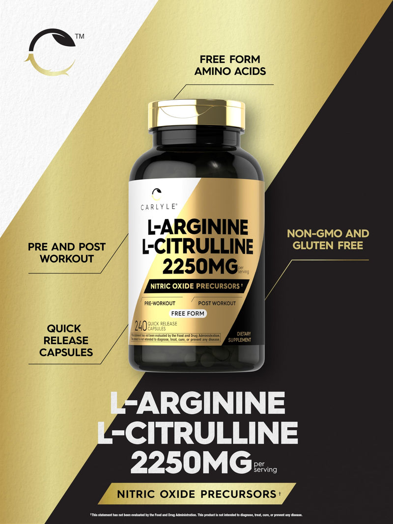 Carlyle L-Arginine L-Citrulline Complex | 2250mg | 240 Capsules | Nitric Oxide Precursors | Free Form | Non-GMO & Gluten Free