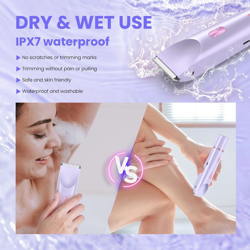 [Australia] - Bikini Trimmer for Women-2 in 1 Dual Head Electric Razors,IPX7 Waterproof Bikini Electric Shaver,Dry & Wet Use Painless Bikini Shaver,Pubic Hair Trimmer for Private Area & Body Hair,Purple Purple 