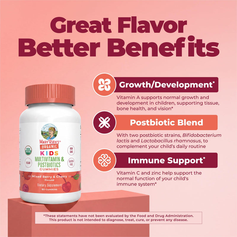 MARYRUTH'S USDA Organic Kids Multivitamin + Postbiotics Gummies, 60 Count | USDA Organic, Lactobacillus Rhamnosus, Vegan, Non-GMO, 60 Count