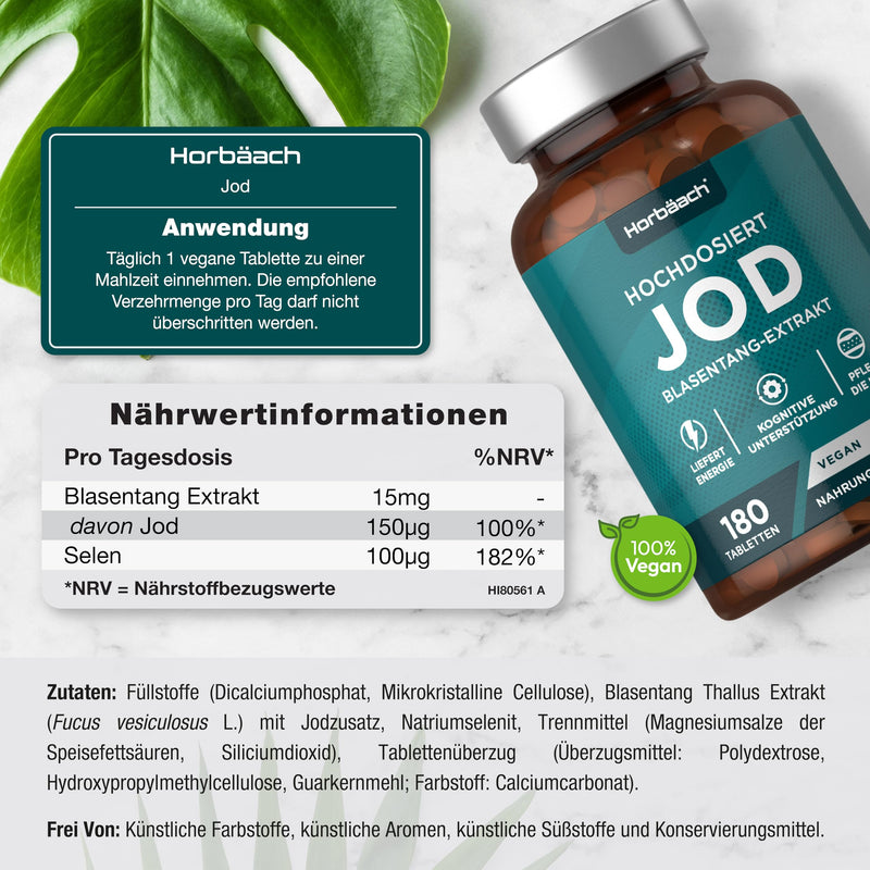 [Australia] - Iodine tablets from kelp | 150µg | for the thyroid | High dosage | 180 vegan pieces | Iodine Tablets | 150 mcg | from Horbaach 