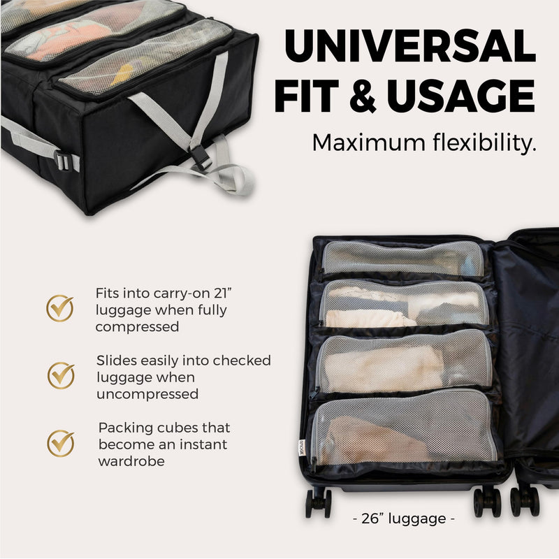 Hanging Suitcase Organizer – Instant Travel Closet with Built-In Compression | 4-Compartment Wardrobe Packing Cubes for Carry-On & Checked Luggage | Travel Essentials for Men & Women