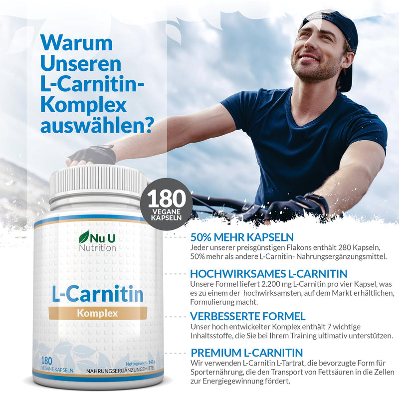 [Australia] - L-Carnitine Complex 2,200mg High Dose - 180 Vegan Capsules - With Riboflavin, Biotin, Chromium, Vitamin D, B3 & B6 - L-Carnitine Tartrate Supplement - Nu U Nutrition 