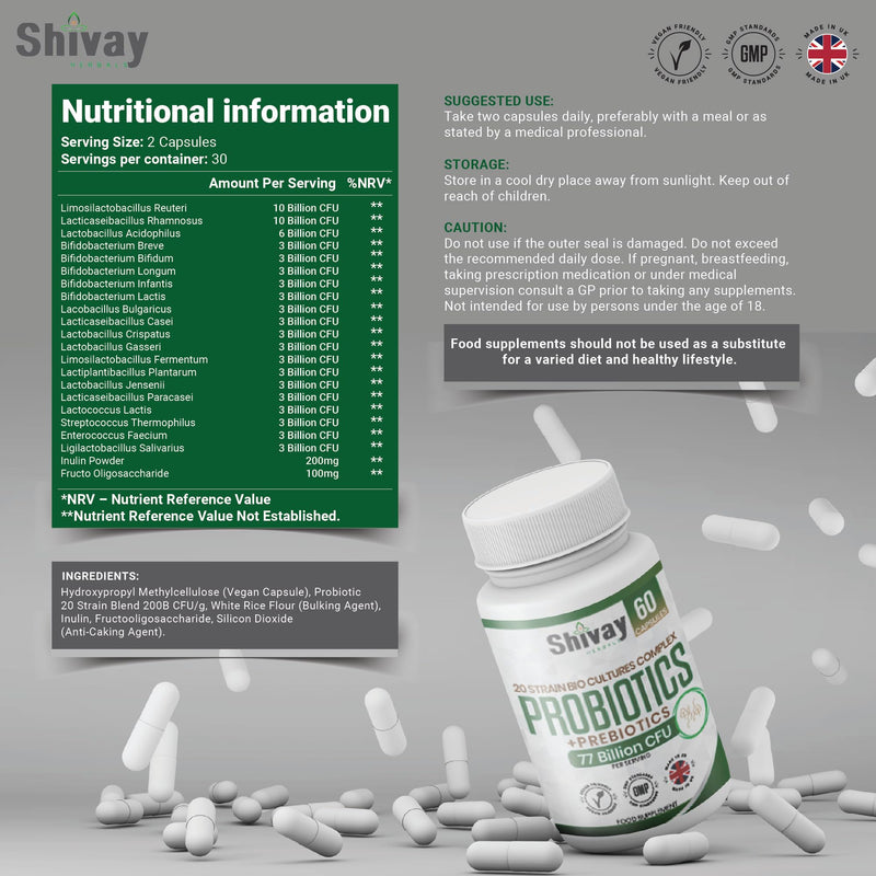Probiotics & Prebiotic Bio Cultures Complex | 77 Billion CFU | 60 Vegan Capsules - 1 Month Supply | 20 Multi-Strain Gut-Friendly Live Bacteria Supplement | UK Made - Shivay Herbals