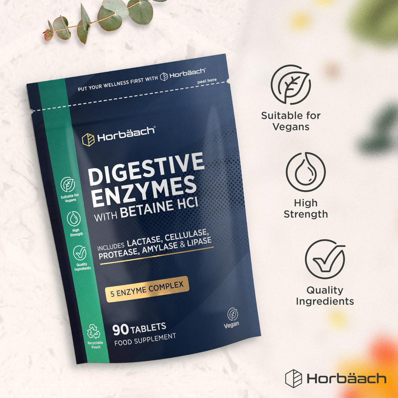 Digestive Enzyme Supplements | Complex with Betaine HCL, Amylase, Lactase, Protease, Lipase & Cellulase | 90 Vegan Tablets | by Horbaach