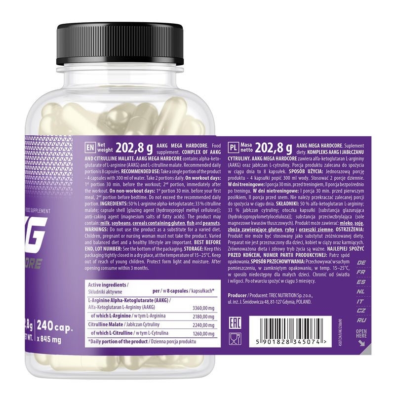 TREC Nutrition AAKG Mega Hardcore - 240 Capsules - Nitric Oxide Booster for Explosive Energy, Strength, and Muscle Growth - Powerful Muscle Pump Supplement with AAKG and Citrulline Malate