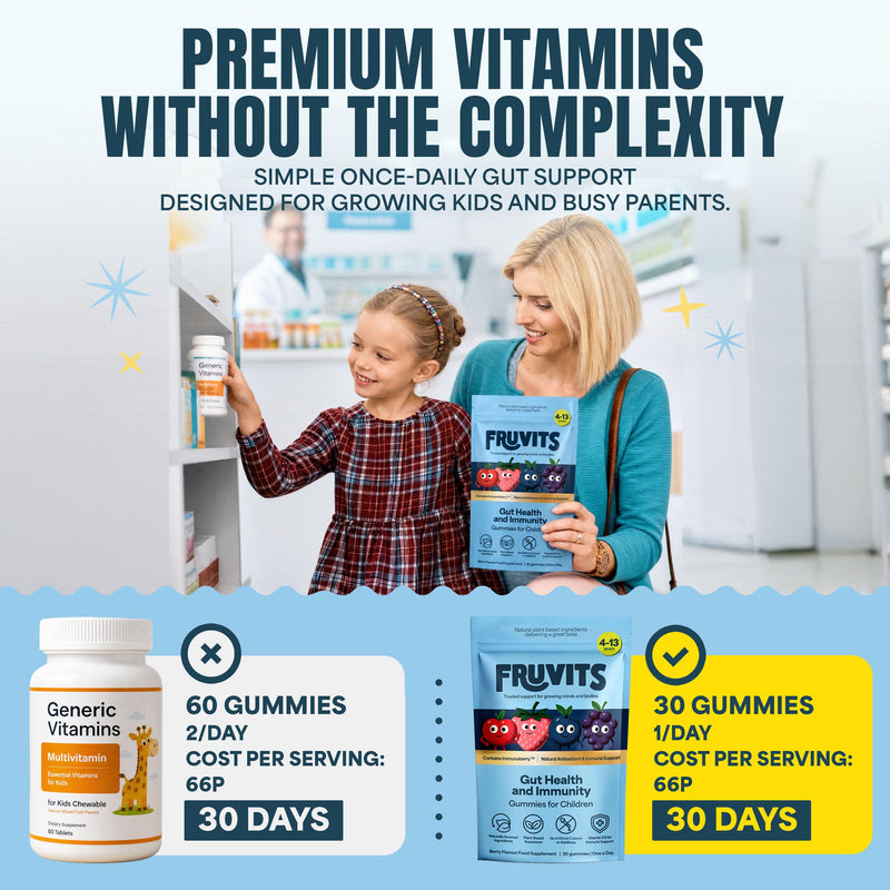 Kids Prebiotic Gummies – 1-a-Day, Sugar-Free – Gut Health & Immune Support with Inulin, Vitamin D3 & Immunoberry™ – Vegan, Allergen-Free – Blueberry Flavour – 30-Day Supply, Ages 4-13
