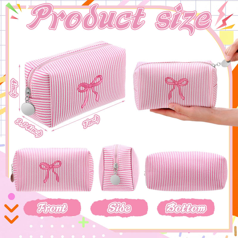 12 Pcs Pink Bow Seersucker Cosmetic Bags Bulk Seersucker Makeup Bags Stripe Women Pouch Large Preppy Storage Pouch Toiletry Travel Organizer for Party Favor 12