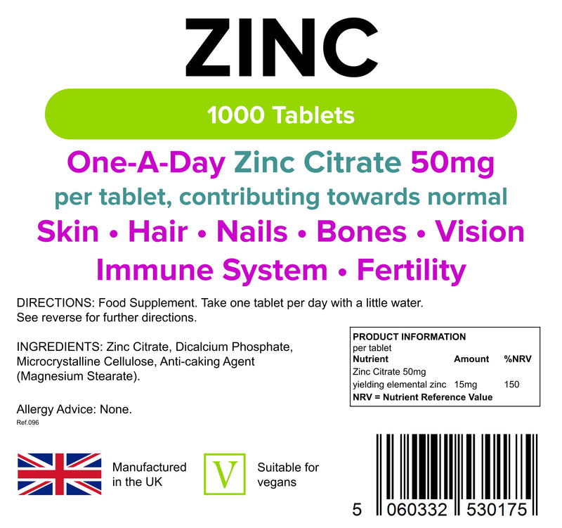 Lindens Zinc Citrate 50mg Tablets - 1000 Pack - High Strength 150% Nrv Dose Contributing Towards Normal Skin, Hair, Nails, Bones, Vision, Immune System and Fertility 1000 count (Pack of 1)
