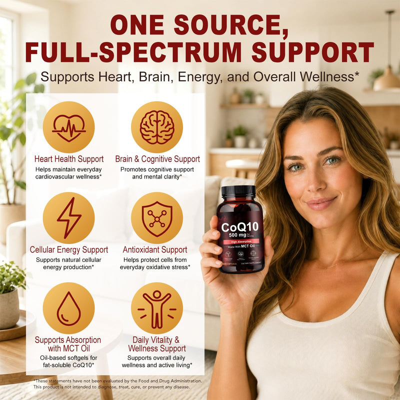 Coenzyme Q10 Softgels, Coenzyme Q10 Supplement 500mg, Fermented Coenzyme Q10 Ubiquinone for Women & Men, Easy to Swallow, 120 Softgels, 2 Months Supply