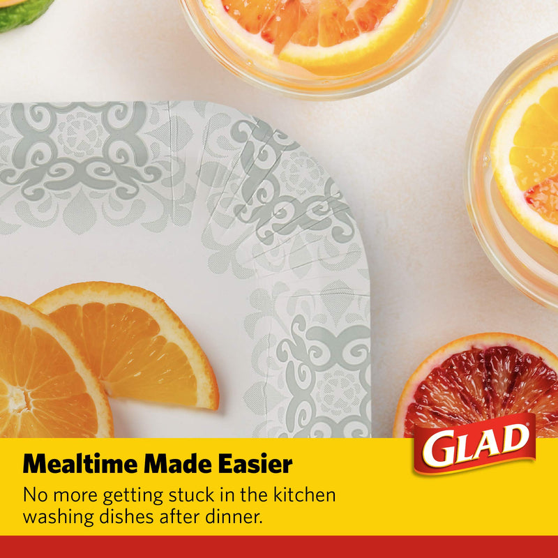 [Australia] - Glad Square Disposable Paper Plates with Gray Victorian Print|Soak /Cut-Proof, Microwaveable Heavy Duty, Disposable , 7 Inches, 50 Count|Square Party plates Bulk 7 Inch - 50 Count 