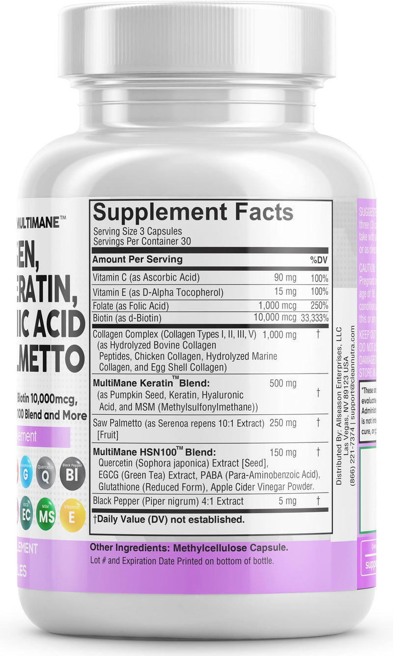 [Australia] - Collagen Pills 1000mg Biotin 10000mcg Keratin Saw Palmetto 2500mg Hyaluronic Acid - Hair Skin and Nails Vitamins and DHT Blocker with Vitamin E Folic Acid Pumpkin Seed MSM - 90 Count 