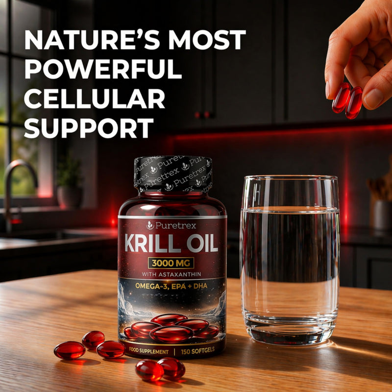 Puretrex Krill Oil 3000mg 150 Softgels Made in UK – Omega 3 EPA DHA with Astaxanthin & Phospholipids, High Absorption, No Fishy Aftertaste, Heart Brain Joint Eye Support