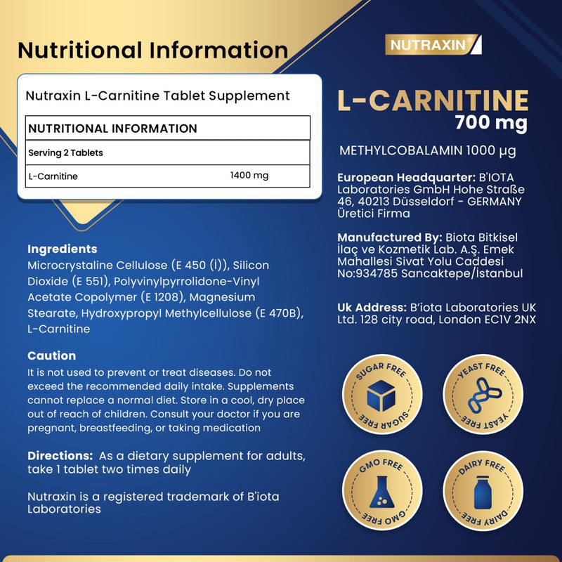 Nutraxin L-Carnitine, 60 Tablets - 1400mg L-carnitine per Serving - Allergen-Free, No Artificial Additives, Non-GMO, Halal Certified, GMP Manufactured - Take One Tablet Twice Daily