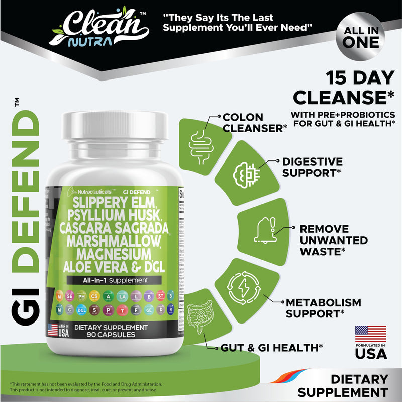 [Australia] - Clean Nutraceuticals Slippery Elm 5000mg Psyllium Husk 2000mg Pre Probiotic Digestive Gut Health Supplement with Aloe Vera Cascara Sagrada 2000mg Marshmallow Root DGL Licorice Senna Extract 