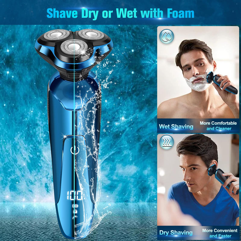 Electric Razor for Men, Cordless 3D Rotary Head Shavers for Men Face, Wet/Dry Waterproof, LED Display, Ideal Gift for Husband/Dad/Boyfriend (Blue) A2-blue
