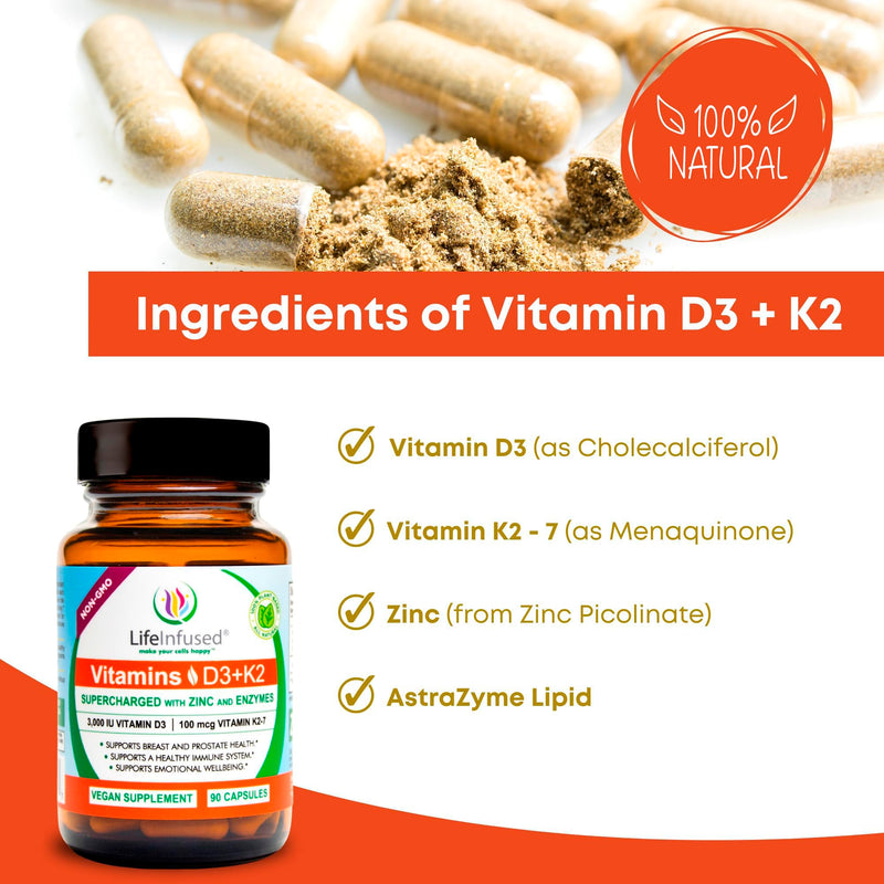 Life Infused Vitamin D3 + K2 Supplement with Zinc & Enzymes — 3000 IU D3, MK-7 K2, Immune & Bone Support, Enhanced Absorption, Non-GMO Vegan Capsules, 90 Count