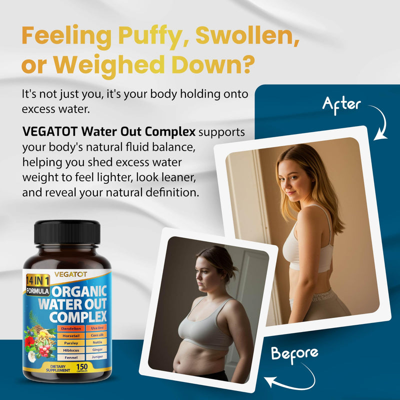 [Australia] - VEGATOT Organic Water Out Complex - 14-in-1 Formula - with Dandelion Uva Ursi Horsetail Corn Silk Parsley Nettle Hibiscus Ginger 150 count (pack of 1) 