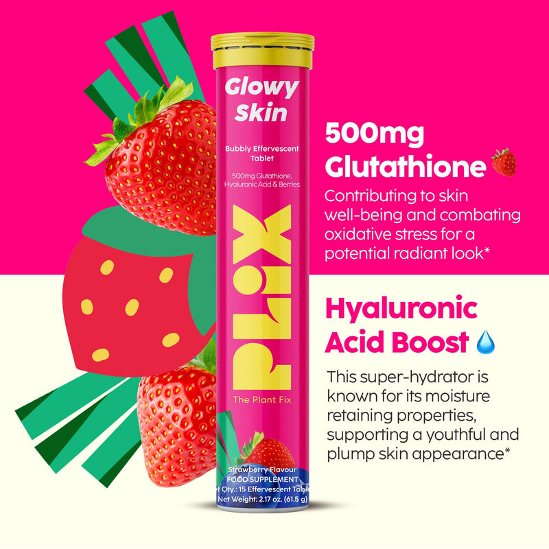 PLIX Glowy Skin 500mg Glutathione Supplement with Hyaluronic Acid, Vitamin C, E & Berries | 30 Effervescent Tablets, Strawberry Flavor 30 Tablets (Pack of 2)