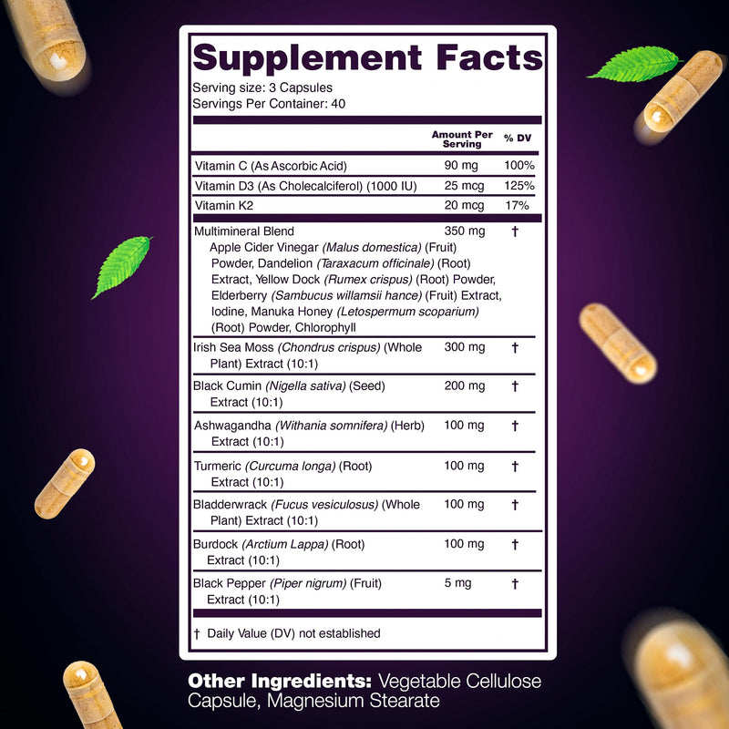 Sea Moss Capsules – 17-in-1 Blend with Black Seed Oil Ashwagandha Bladderwrack Burdock Root Turmeric Vitamin D3 K2 C for Daily Wellness – Multimineral Supplement for Men & Women – 120 Count Sea moss 120 Count (Pack of 1)