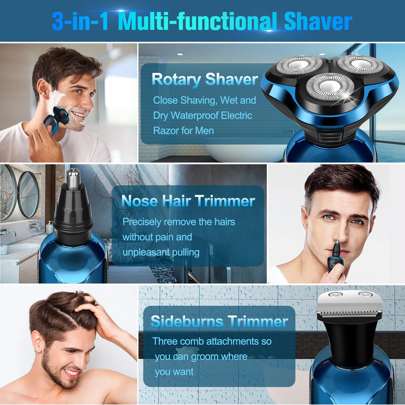 Electric Razor for Men, Cordless 3D Rotary Head Shavers for Men Face, Wet/Dry Waterproof, LED Display, Ideal Gift for Husband/Dad/Boyfriend (Blue) A2-blue