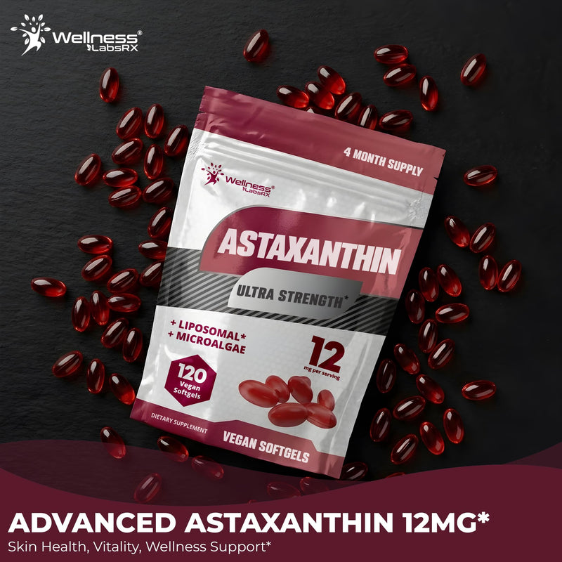 Liposomal Astaxanthin Supplement 12mg, 120 Vegan Softgels, 4 Month Supply | Natural Haematococcus Pluvialis Source, Skincare and Eye Support, Antioxidant Support, Eye Health Vitamins Astaxantina