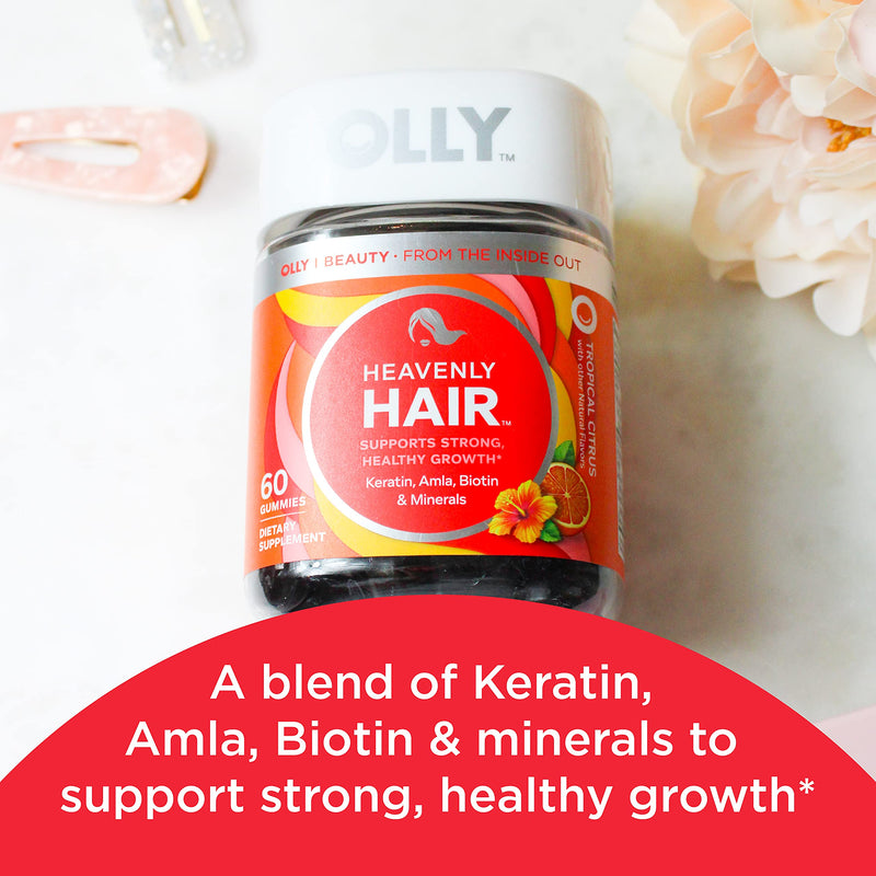 OLLY Heavenly Hair Gummy, Supports Healthy Hair, Keratin, Biotin & Undeniable Beauty Gummy, For Hair, Skin, Nails, Biotin, Vitamin C, Keratin, Chewable Supplement, Grapefruit, 30 Day Supply - 60 Count