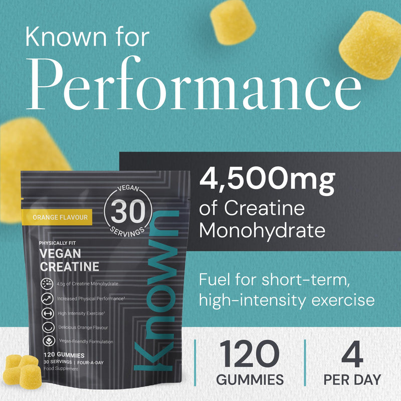 Known Vegan Creatine Gummies Value Pouch – 4500mg Creatine Monohydrate – Orange Flavour – 120 Gummies 30 Days Supply – Third-Party Tested 30 Day Supply