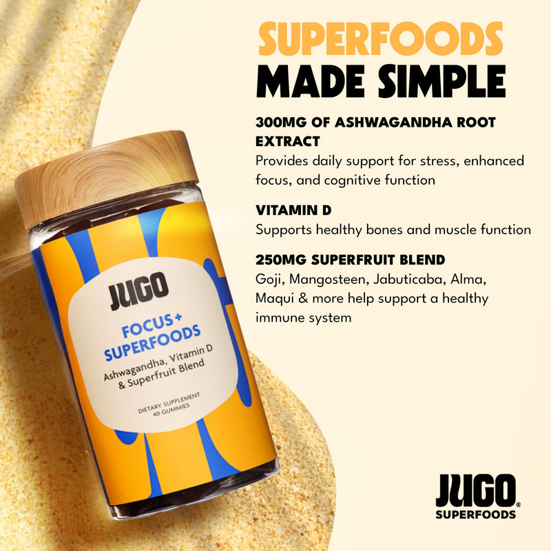 JUGO Focus + SUPERFOODS Ashwagandha Gummies with Vitamin D3 & Superfruit Blend, Vegetarian-Friendly Focus Supplement with Adaptogens, Gelatin-Free and Gluten-Free, Non-GMO, Made in USA, 40 Coun