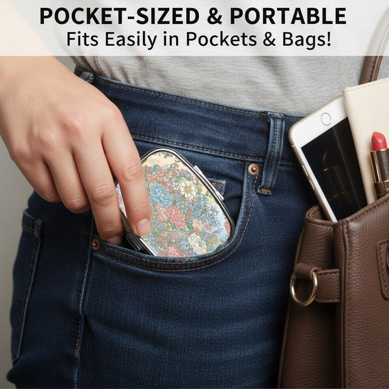 Square Pill Case Small Pill Box with Mirror Pocket 2 Compartment Vitamin Pill Medicine Case Organizer Pill Containers for Traveling Blooming Flower Two