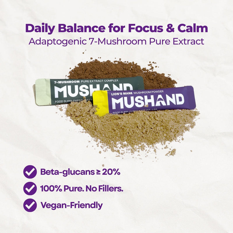 7 Mushroom Extract Blend 20 Sachet Pack | for Body Balance, Focus & Calm | Easy to Mix into Coffee & Drinks | No Scoop, No Mess | Vegan | 20 x 2g