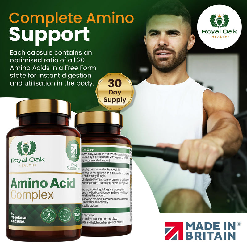 Full Spectrum Amino Acid Complex | Complete with All 20 EAA & BCAAs in Free Form for Instant Digestion | Essential & Branch Chain Amino Acids Supplement | 60 Vegan Capsules | UK Made