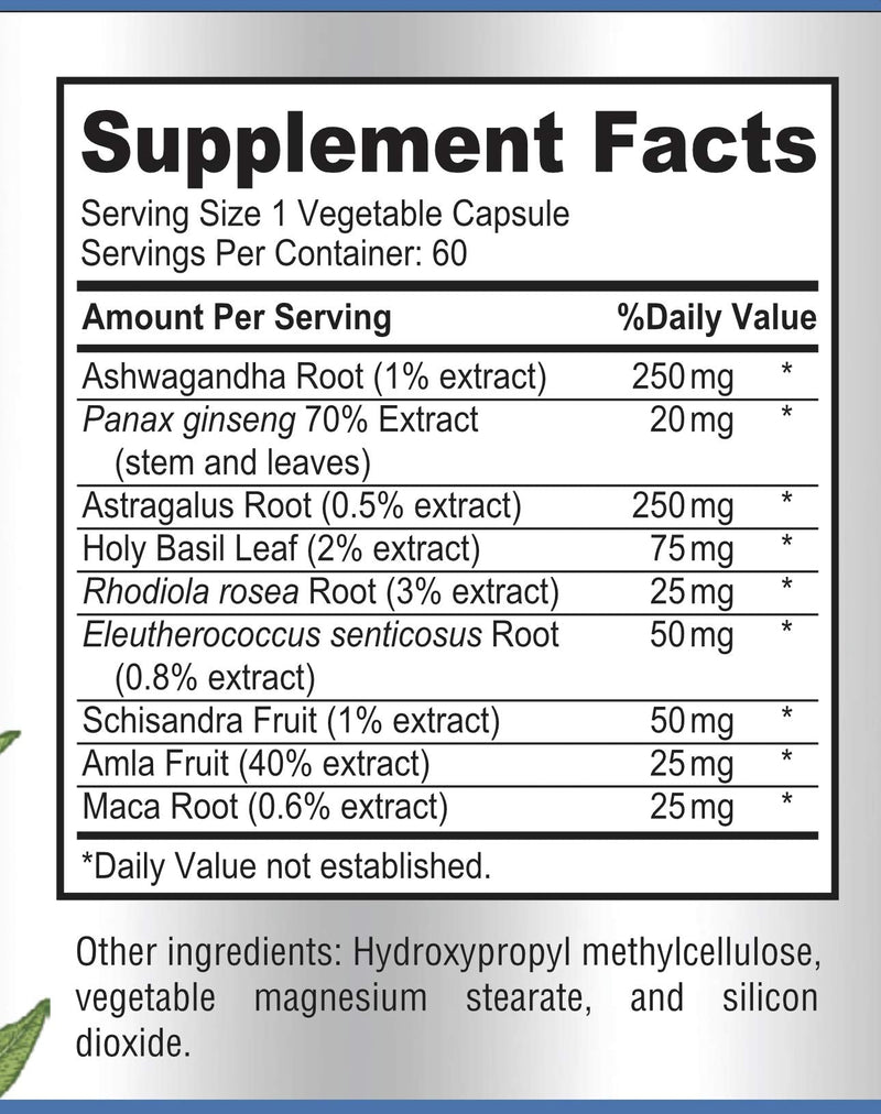 [Australia] - Adaptogen Stress Relief Immune Support Formula - Adaptogenic Adrenal Support with Ashwagandha, Astragalus, Ginseng, Holy Basil, Rhodiola, Amla, Maca, Schisandra, Non-GMO - 60 Capsules 