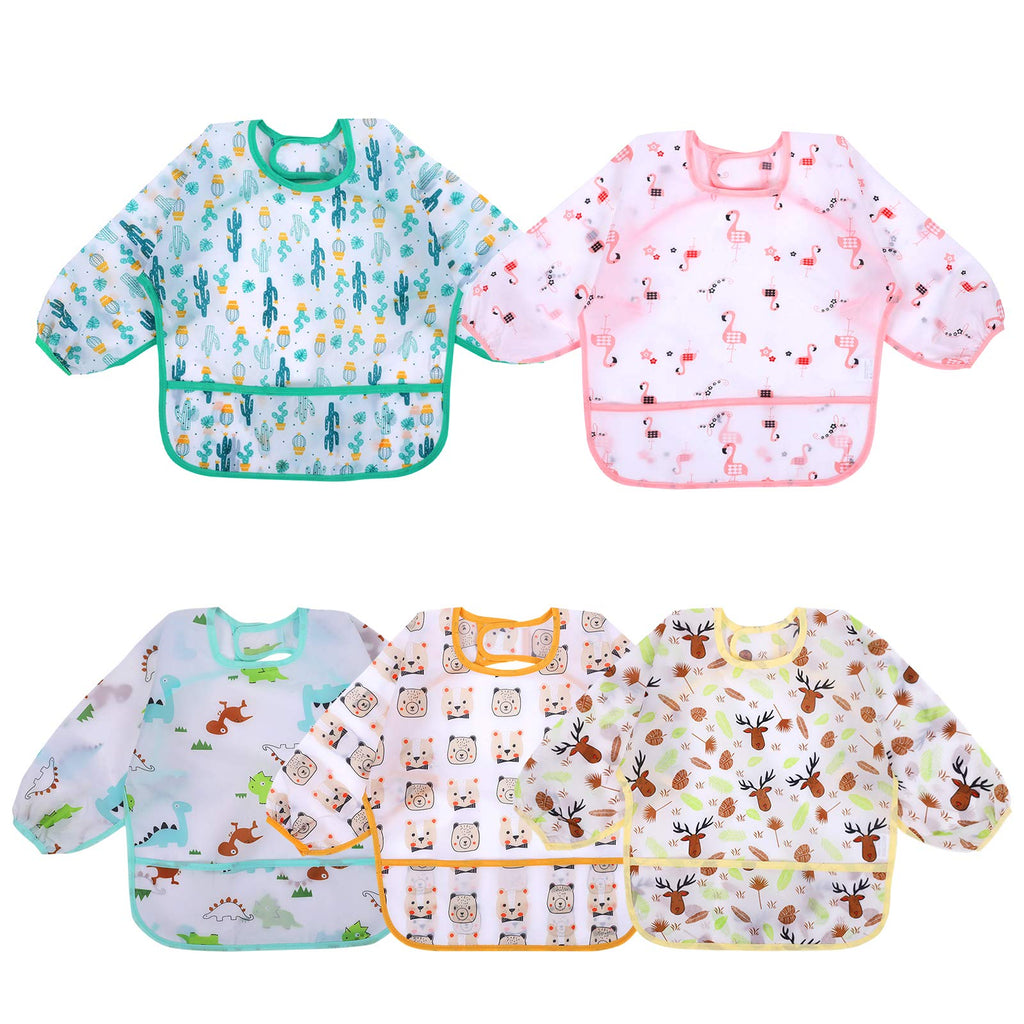 Accmor 5 Pack Long Sleeve Baby Bibs, Waterproof Sleeved Bib, Toddler Soft Bib for 6-36 Months Cactus/ Flamingo/Dinosaur/Pig/Elk Medium : 6-24 Months