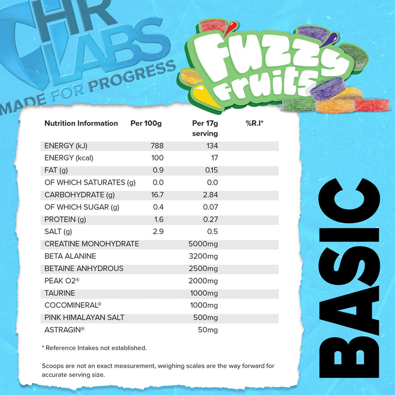 Basic, Things we do Daily Creatine and Electrolytes Pre/Intra Workout, Beta Alanine & Betain Hydrous Hydration Formula, 510g & 30 Servings, Vegan (Fuzzy Fruits) Fuzzy Fruits
