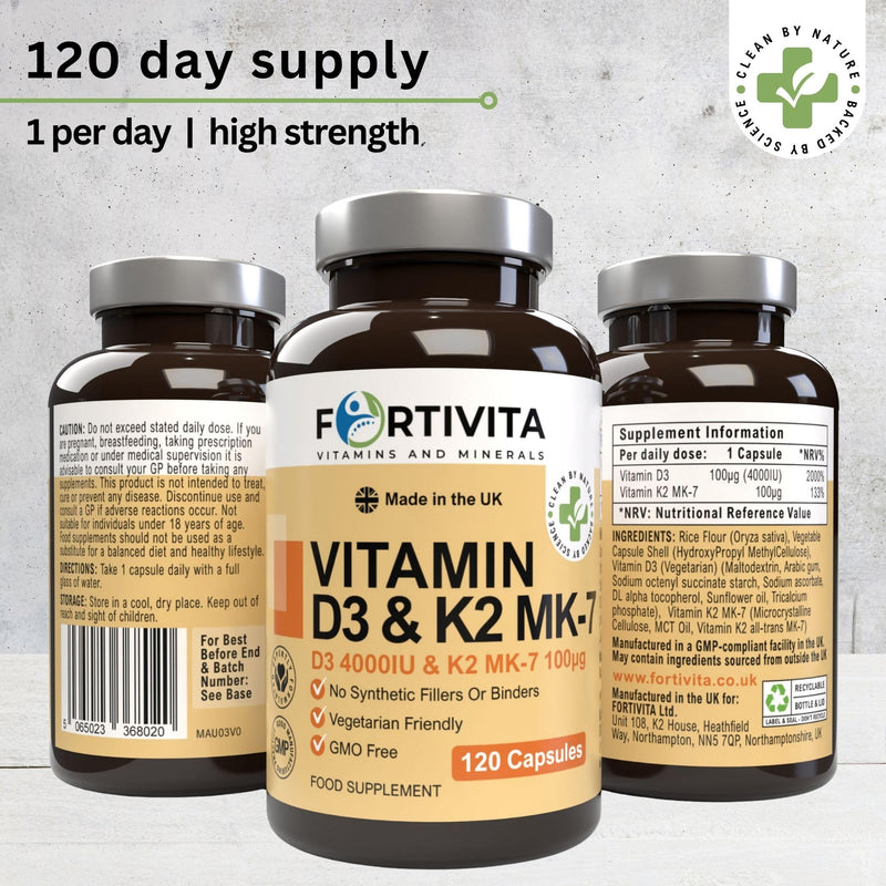 Vitamin D3 4000 IU & K2 MK-7 100mcg - High Strength Supplement for Bone & Immune Support - Vegetarian Friendly - No Synthetic Fillers - 120 Capsules (4 Month Supply)