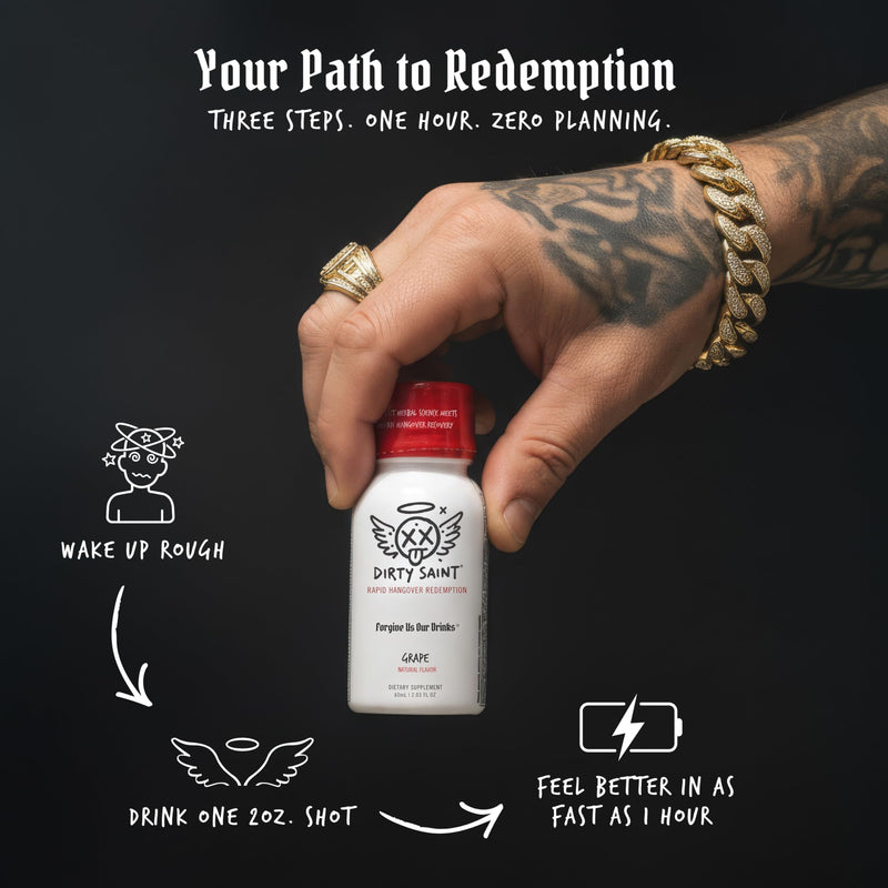 DIRTY SAINT Next Morning Revival Shot | 16 Functional Ingredients, 6 Doses | DHM | Next Day Resurrection | Korean Raisin Tree, No Sugar, Milk Thistle, NAC, B Vitamins, Electrolytes, Natural Grape 2 Fl Oz (Pack of 6)