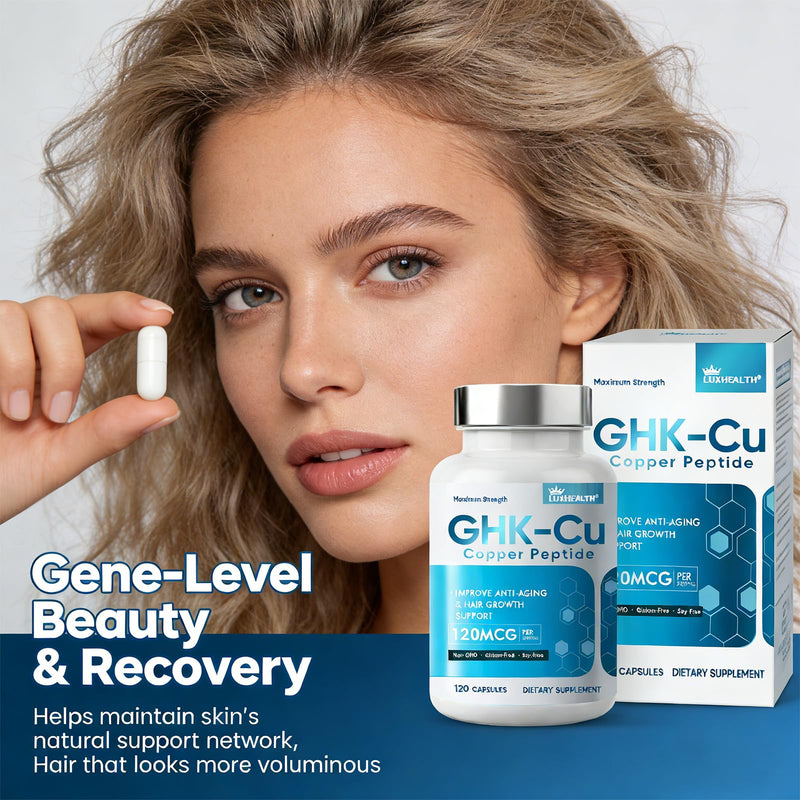 GHK-Cu Copper Supplement, 120 Vegan Capsules, High Potency 120mcg, Supports Collagen Production, Skin Elasticity, Anti-Aging & Hair Growth, Non-GMO, Gluten-Free & Clean Label 120 count (Pack of 1)