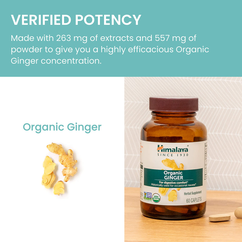 [Australia] - Himalaya Organic Ginger, 60 Day Supply - Digestive Health Supplement for Nausea, Upset Stomach Relief, and Occasional Bloating and Heartburn - USDA Organic, Vegan, Non-GMO, Gluten Free, 60 Caplets 