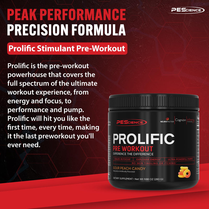 [Australia] - PEScience Prolific Pre Workout Powder, Sour Peach Candy, 40 Scoop, Energy Supplement with Nitric Oxide, KK Fit Signature Flavor 