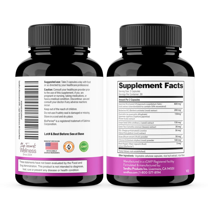 [Australia] - Sandhu's Resveratrol with Berberine for Gut Health | Digestive Supplement for Women & Men | Green Tea, Star Anise, DGL, Grape Seed Extract & Quercetin | Eases Bloating | 60 Capsules (Pack of 1) 60 Count (Pack of 1) 
