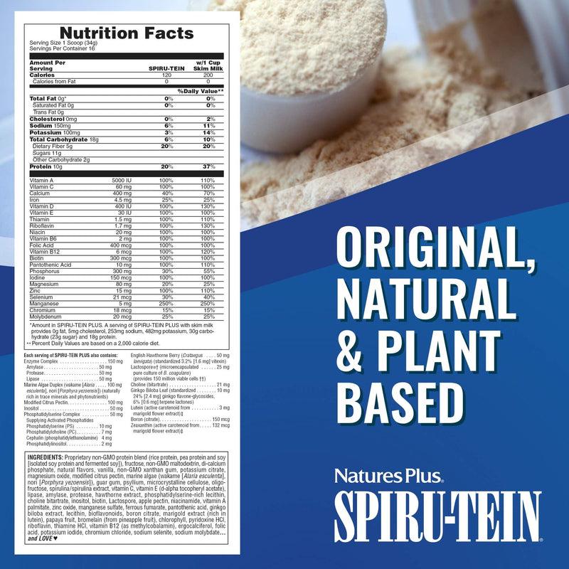 [Australia] - NaturesPlus SPIRU-TEIN Plus Shake for Mature Adults - Vanilla - 1.2 lbs, Protein Powder - Plant Based Meal Replacement, Vitamins & Minerals for Energy - Vegetarian, Gluten-Free - 16 Servings 