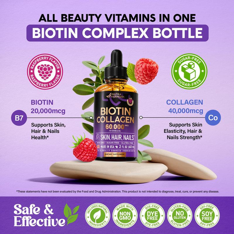 Liquid Biotin & Collagen 60,000mcg - Biotin for Hair Growth Support - 2 Oz | Liquid Collagen Supplement & Biotin - Extra Strength Drops for Women & Men - Strong Nails & Healthy Skin - Raspberry Flavor 2 Fl Oz (Pack of 1)