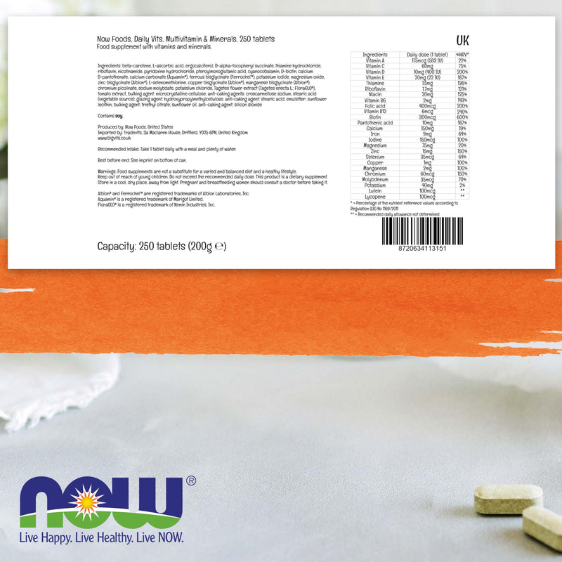 Now Foods, Daily Vits, Multivitamin, 250 Vegan Tablets, Lab-Tested, Gluten Free, Soy Free, Vegetarian, Non-GMO