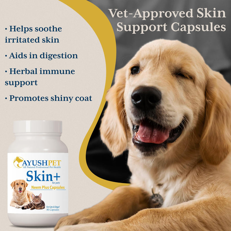 Ayush Pet Skin Plus, Neem Supplement for Healthy Skin and Coat, Supports Gut and Immunity, 90 Capsules - PawsPlanet Australia