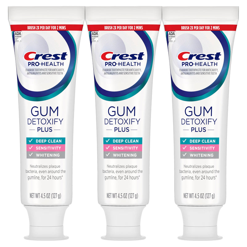 Crest Pro-Health Gum Detoxify Plus Toothpaste 4.5 oz Pack of 3 - Antibacterial Fluoride Toothpaste, Sensitivity Protection, Whitens Teeth, Anticavity, Plaque Control 4.5 Fl Oz (Pack of 3)
