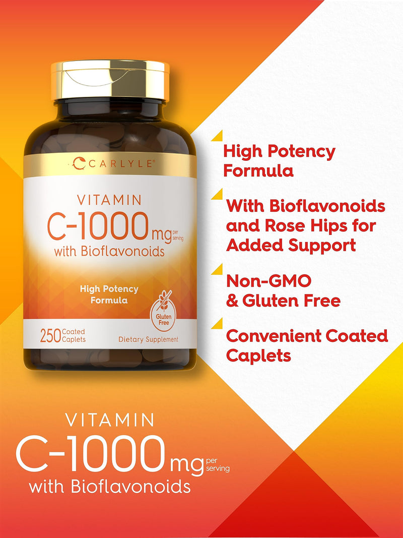 Carlyle Vitamin C 1000mg | with Rose Hips and Citrus Bioflavonoids | 250 Caplets | Vegetarian, Non-GMO, Gluten Free Supplement