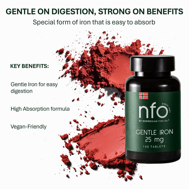 NFO Gentle Iron [100 Tablets] Norwegian Fish Oil Natural High Dose Iron Complex with The Patented Ferrochel Formula The Most bioavailable Form Against IronDeficiency Suitable for Vegans
